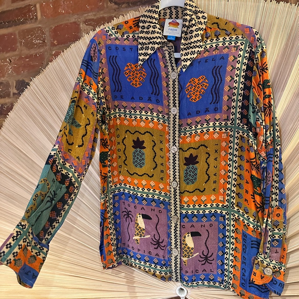 Farm Rio x Anthropologie Solitaire Printed Animal Tropical Button Up Blouse XS